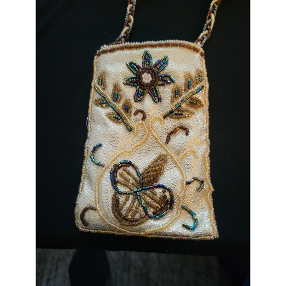 Unbranded Handbags - Vintage Evening Bag Gold Beaded Size S Hand Purse Clutch Flowers Dragon fly
